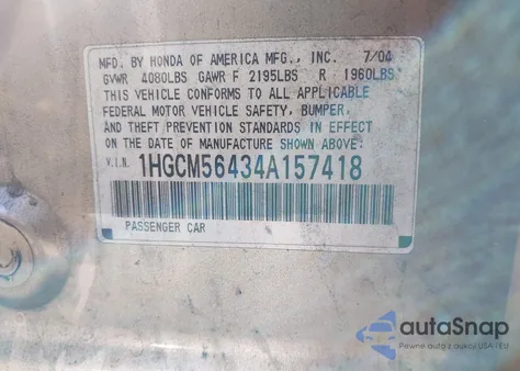 2004 Honda Accord 2.4 Lx z USA, uszkodzony, nr VIN 1HGCM56434A157418